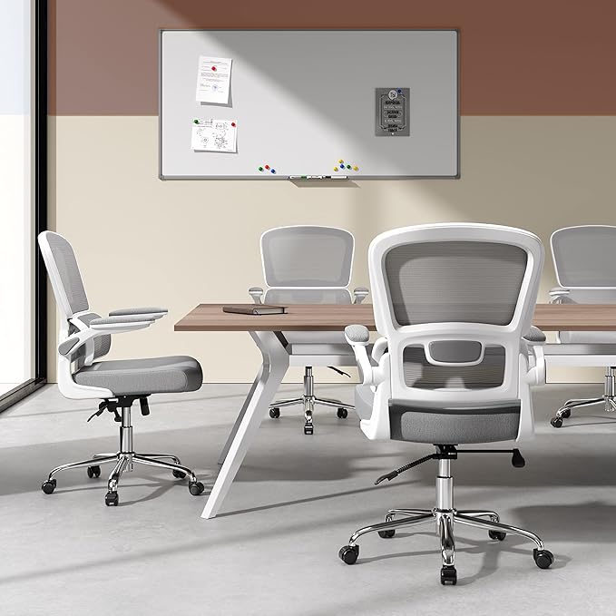 Ergonomic Office Chair, Comfortable Office Chair with Flip-up Arms, Adaptive Lumbar Support, Mesh Computer Chair with Thick Cushion, White Desk Chair with 90°-130° Tilt Function - LeafyLoom