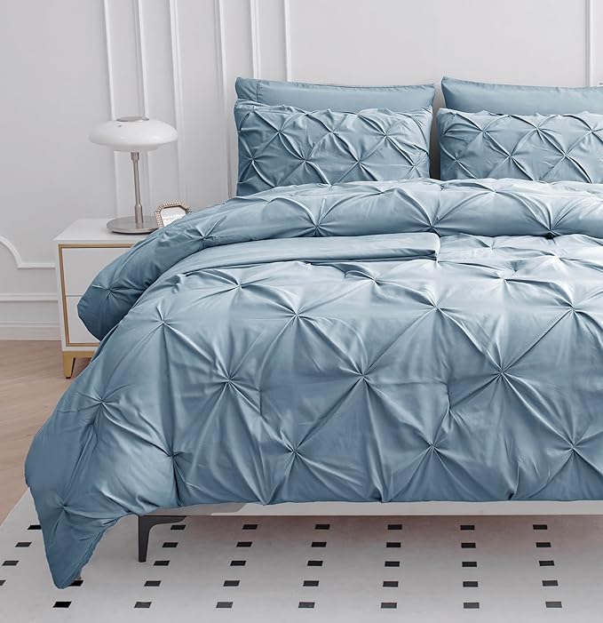 LANE LINEN Comforters Queen Size, 7 Piece Queen Comforter Set, Soft Queen Size Comforter Sets, Pintuck Queen Bed Set, Fluffy Comforters Queen Size Set with Sheets, Pillowcases & Shams - French Blue - LeafyLoom