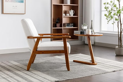 Mid-Century Accent, Modern Single Armchair, Upholstered Leisure Lounge Chair wth Solid Wood Armrest and Feet for Living Room, Bedroom, Office, Beige - LeafyLoom