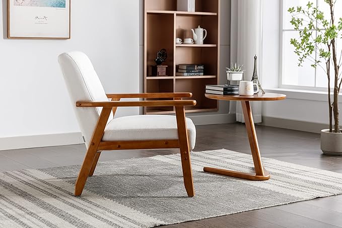 Mid-Century Accent, Modern Single Armchair, Upholstered Leisure Lounge Chair wth Solid Wood Armrest and Feet for Living Room, Bedroom, Office, Beige - LeafyLoom