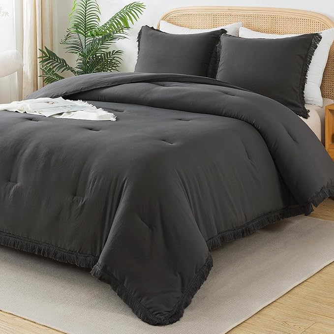 Andency Full Size Comforter Set Dark Grey, 3 Pieces Boho Lightweight Bedding Comforters & Sets, All Season Soft Tassel Bed Set (78x90In Comforter & 1 Pillowcase) - LeafyLoom