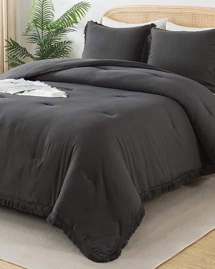 Andency Queen Comforter Set Dark Grey, 3 Pieces Boho Tassel Lightweight Bedding Comforter Sets, Winter Soft Fluffy Fringe Bed Set (90x90In Comforter & 2 Pillowcases) - LeafyLoom
