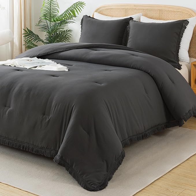 Andency Comforter King Size Bed Set Dark Grey, 3 Pieces Boho Lightweight Winter Bedding Comforters & Sets, All Season Soft Tassel Bed Set (104x90In Comforter & 2 Pillowcases) - LeafyLoom