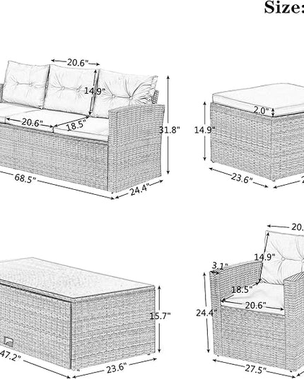 Merax Furniture 6-Piece All-Weather PE Rattan Patio Outdoor Conversation Set with Coffee Table,Wicker Sofas,Ottomans,Removable Cushions,Grey - LeafyLoom
