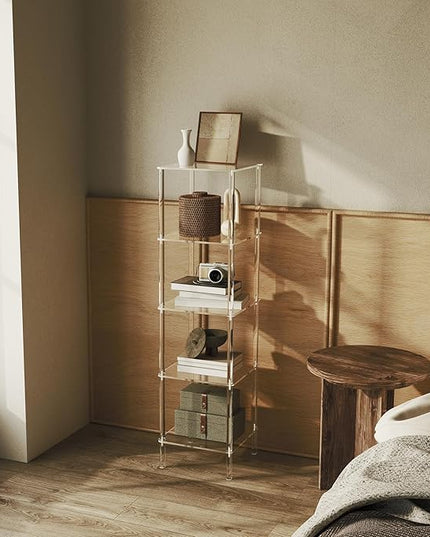 5 Tier Square Acrylic Bookshelf, Small Bookcase with Acrylic Fittings for Fixing to Wall, Corner Display Shelf for Living Room, Bedroom, Bathroom, Small Spaces, Clear, 11.6'' W x 44'' H - LeafyLoom