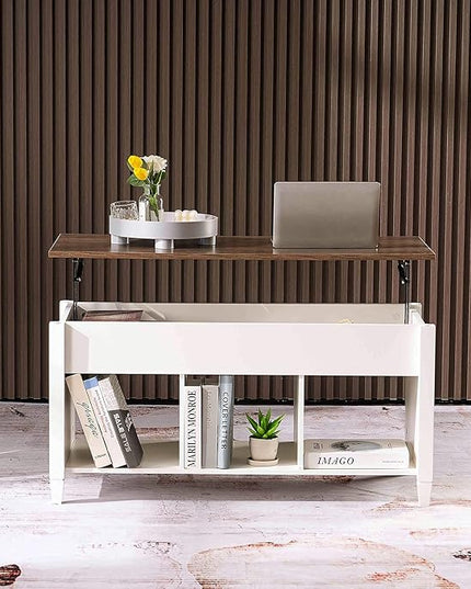 VINGLI Lift Top Coffee Table, White Coffee Table with Lift Top, Lift Up Coffee Table with Storage Shelf/Hidden Compartment, Gas Lift Coffee Table Mesa De Centro Para Sala Pop Up Coffee Table - LeafyLoom