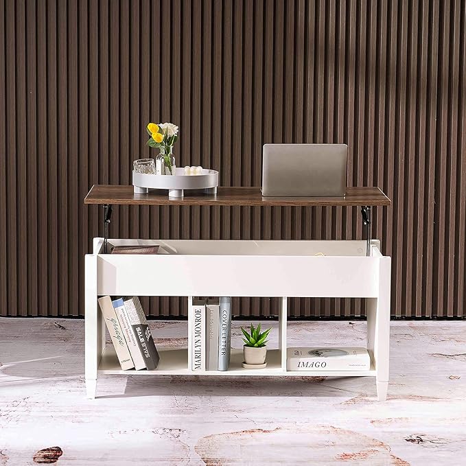 VINGLI Lift Top Coffee Table, White Coffee Table with Lift Top, Lift Up Coffee Table with Storage Shelf/Hidden Compartment, Gas Lift Coffee Table Mesa De Centro Para Sala Pop Up Coffee Table - LeafyLoom