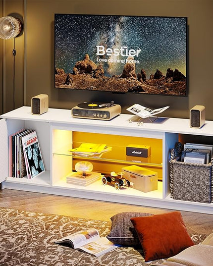 Bestier Gaming TV Stand with Removable Glass Shelves for 55/60/65 Inch TV,Led Entertainment Center & 22 Dynamic RGB Modes for PS5 PS4,Modern TV Console for Living Room Bedroom Carbon Fiber White - LeafyLoom