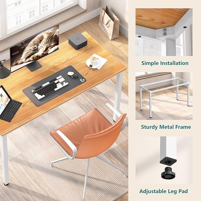 Computer Desk,55.1 inches Office Desk & Workstations for Home Office, Gaming Desk Computer Table,Modern Simple Style Laptop Table, Teak & White - LeafyLoom