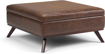 SIMPLIHOME Owen 36 Inch Wide Mid Century Modern Square Coffee Table Lift Top Storage Ottoman in Upholstered Distressed Chestnut Brown Faux Leather, For the Living Room - LeafyLoom