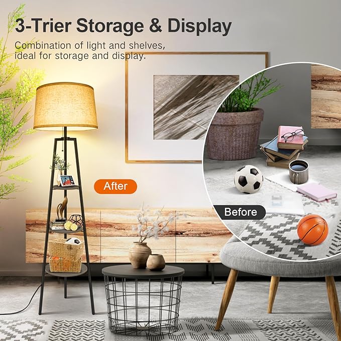 OUTON Tripod Floor Lamp with Shelves, Modern Shelf Floor Lamp with 3 Color Temperature, LED Dimmable Tall Standing Corner Lamp with Beige Linen Texture Shade for Living Room, Bedroom, Office, Grey - LeafyLoom