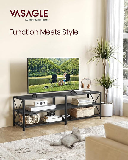 VASAGLE TV Stand, TV Console for TVs Up to 70 Inches, TV Table, 63 Inches Width, TV Cabinet with Storage Shelves, Steel Frame, for Living Room, Bedroom, Black with Wood Grain ULTV095B22 - LeafyLoom