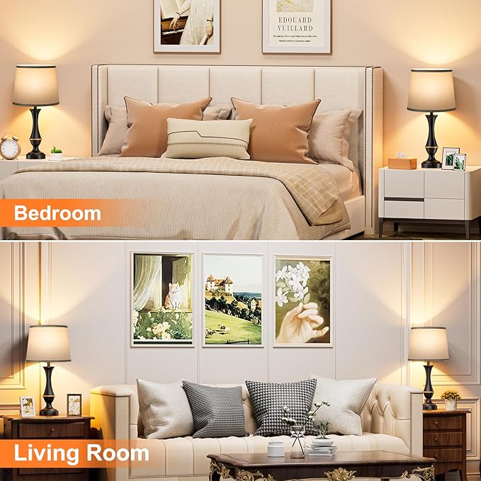 Touch Lamps for Bedrooms Set of 2 - Nightstand Table Lamp with USB C+A, 3 Way Dimmable Bedside Lamps for Living Room End Tables Set of 2, Farmhouse Night Stand Lamps for Bed Side Guest Room(Grey) - LeafyLoom