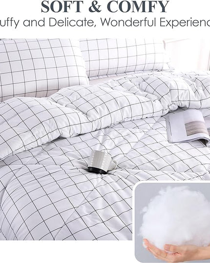Andency White Grid Comforter Set King Size (104x90 Inch), 3 Pieces(1 Grid Comforter and 2 Pillowcases), Summer Lightweight Microfiber Down Alternative White Comforter with Black Lines - LeafyLoom