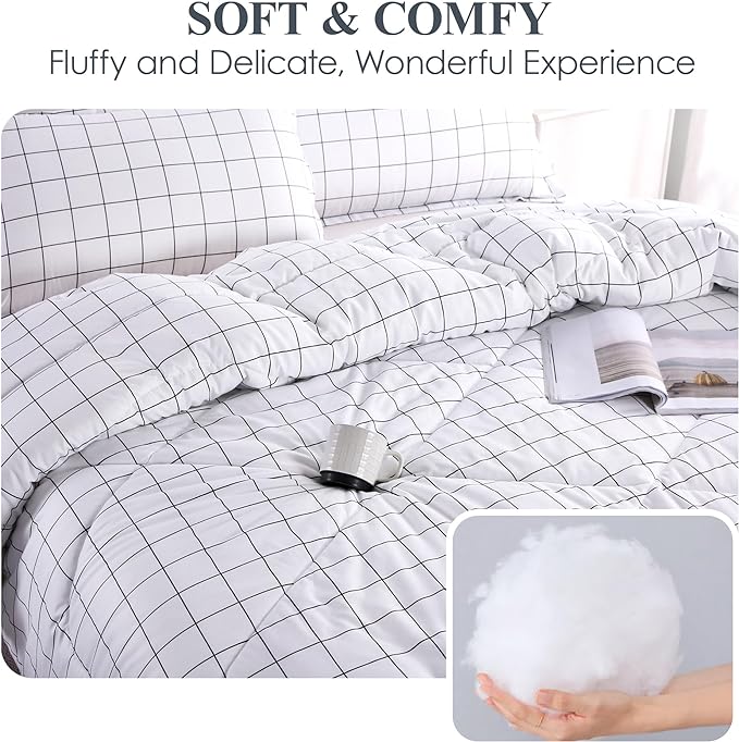 Andency White Grid Comforter Set Twin Size (66x90 Inch), 2 Pieces(1 Grid Comforter and 1 Pillowcase), Summer Lightweight Microfiber Down Alternative White Comforter with Black Lines for Kids Girls - LeafyLoom
