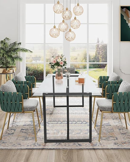 FurnitureR Tempered Glass Dining Table 55 inches for 4-6 Persons Modern Rectangular Spacious Tabletop & Gold Legs Elegant for Home Kitchen Living Room Restaurant, Black - LeafyLoom