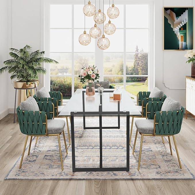 FurnitureR Tempered Glass Dining Table 55 inches for 4-6 Persons Modern Rectangular Spacious Tabletop & Gold Legs Elegant for Home Kitchen Living Room Restaurant, Black - LeafyLoom
