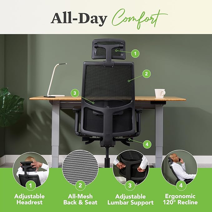 HON Ignition 2.0 Ergonomic Mesh Office Chair with Headrest - High Back Computer Desk Chair Adjustable Lumbar Support, Armrests, Seat-Depth, Synchro-Tilt Recline, 360 Swivel Rolling Wheels – Black - LeafyLoom