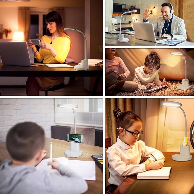 GOLSPARK Battery Operated Desk Lamp LED Rechargeable 4500mAh White LED Desk Lamps Dimmable, Touch Control 360°Flexible Dorm Reading Lamp for Students-3 Color Modes with Pen Holder Phone Stand - LeafyLoom