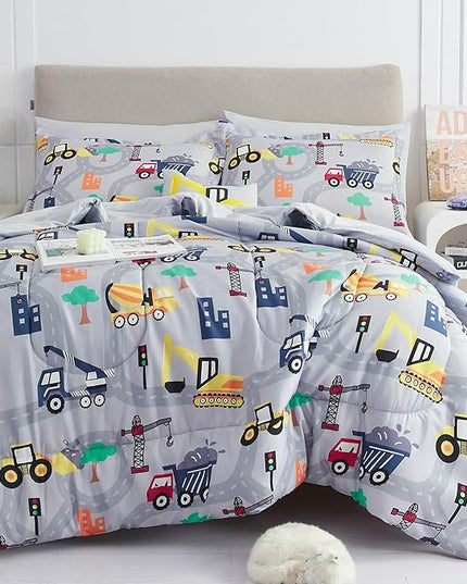 Mooreeke Bed in a Bag for Kids Boys Teens, 6 Pieces Twin Size Comforter Bed Set with Shams, Sheet Set and Decorative Toy Pillow, Excavator Super Soft Microfiber Kids Comforter Bedding Set - LeafyLoom