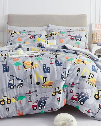 Mooreeke Bed in a Bag for Kids Boys Teens, 8 Pieces Full Size Comforter Bed Set with Shams, Sheet Set and Decorative Toy Pillow, Excavator Super Soft Microfiber Kids Comforter Bedding Set - LeafyLoom