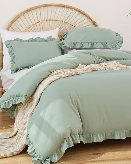 JANZAA California King Comforter Set Sage Green Comforter 3PCS Soft Fluffy Boho Comforter Vintage Farmhouse Bed (1 Ruffle Comforter with 2 Pillowcases) Shabby Chic Bedding for All Season - LeafyLoom
