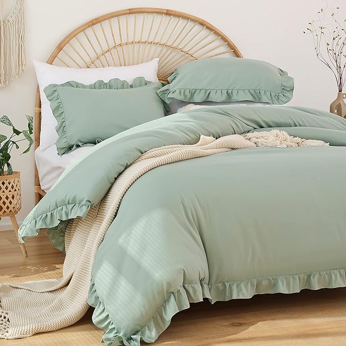 JANZAA California King Comforter Set Sage Green Comforter 3PCS Soft Fluffy Boho Comforter Vintage Farmhouse Bed (1 Ruffle Comforter with 2 Pillowcases) Shabby Chic Bedding for All Season - LeafyLoom