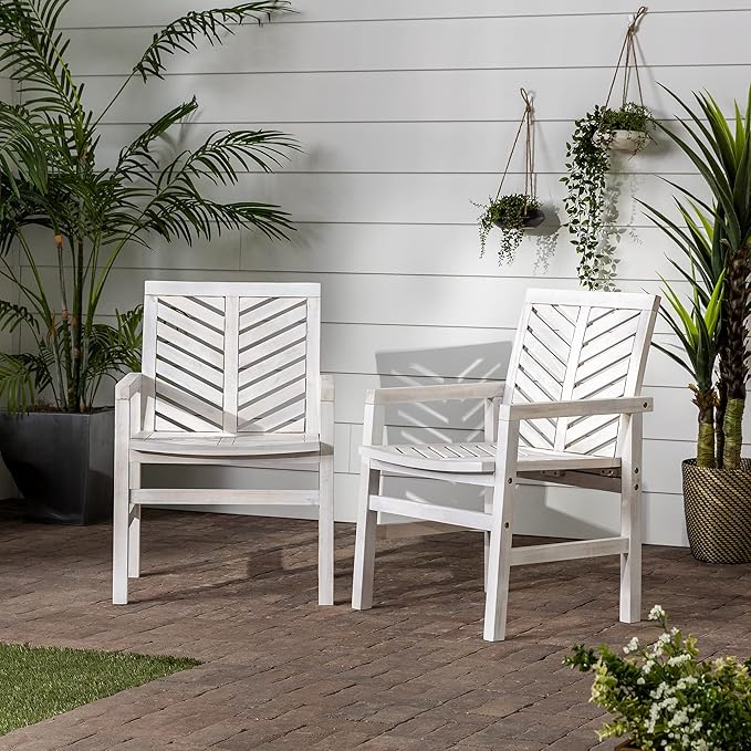 Walker Edison AZWC2VINWW Avalon Chevron Solid Acacia Wood Outdoor Chair, White Wash - LeafyLoom