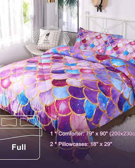 ENCOFT Girls Comforter Sets Full Size, Pink and Purple 3D Mermaid Scale Comforter Set 3 Pieces with Pillow Shams, No Sheet, Full Size Kids Bedding Set, Girls Bedroom Decor - LeafyLoom