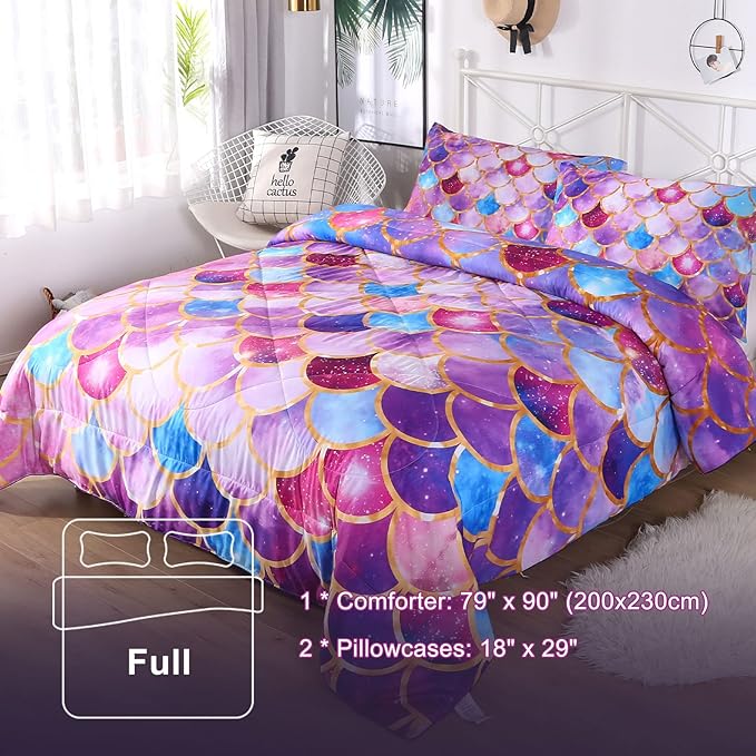 ENCOFT Girls Comforter Sets Full Size, Pink and Purple 3D Mermaid Scale Comforter Set 3 Pieces with Pillow Shams, No Sheet, Full Size Kids Bedding Set, Girls Bedroom Decor - LeafyLoom