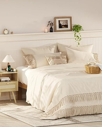 SUPERJARE Nightstand with Charging Station & Rattan-Like Decor Drawer, Rattan End Table with Solid Wood Feet, Bed Side Table with Open Storage, for Bedroom, Living Room, Dormitory - Natural - LeafyLoom