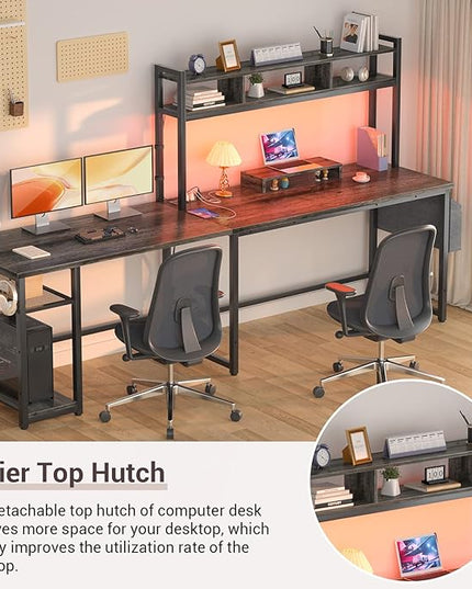Aheaplus L Shaped Desk with Power Outlet & LED Strip, Reversible L-Shaped Corner Computer Desks Gaming Desk with Storage Shelf & Monitor Stand, Modern 2 Person Home Office Desk Writing Desk, Grey Oak - LeafyLoom