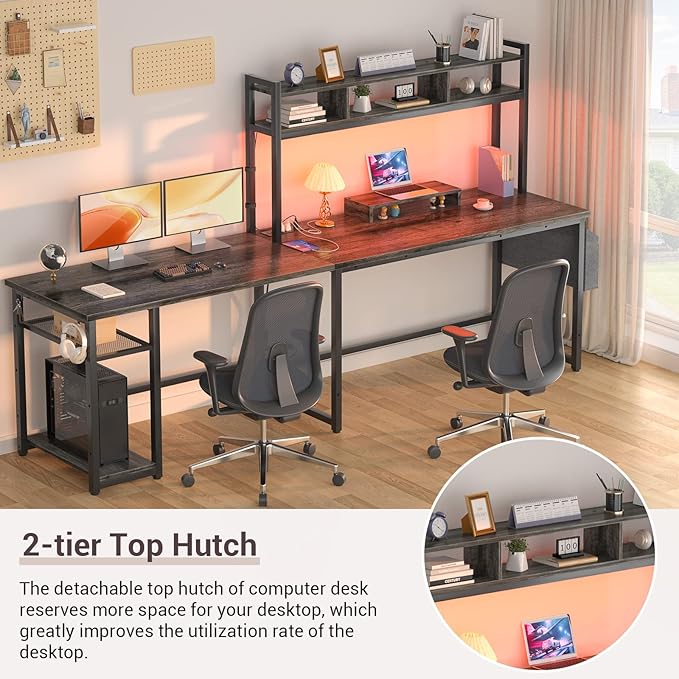 Aheaplus L Shaped Desk with Power Outlet & LED Strip, Reversible L-Shaped Corner Computer Desks Gaming Desk with Storage Shelf & Monitor Stand, Modern 2 Person Home Office Desk Writing Desk, Grey Oak - LeafyLoom