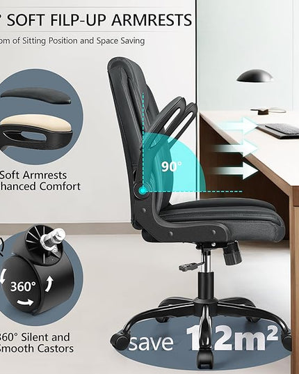 Office Chair Ergonomic Computer Desk Chair, Executive Leather Office Chair with Adjustable Flip-up Armrests Height, Swivel Task Chair with Lumbar Support Rocking Function for Home Office(Black) - LeafyLoom