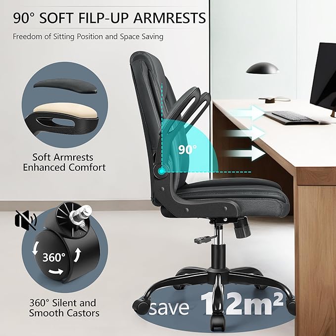 Office Chair Ergonomic Computer Desk Chair, Executive Leather Office Chair with Adjustable Flip-up Armrests Height, Swivel Task Chair with Lumbar Support Rocking Function for Home Office(Black) - LeafyLoom