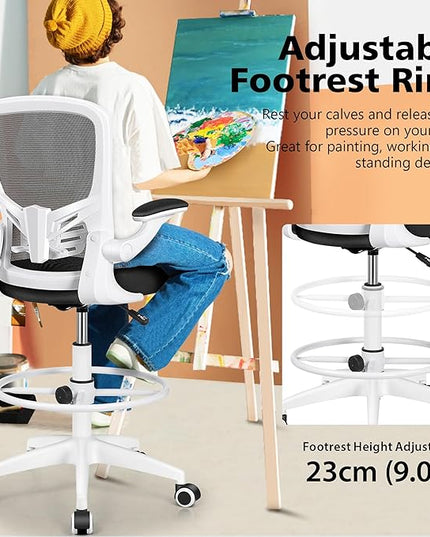 MINLOVE Ergonomic Drafting Office Chair, Tall Office Chair with Flip-up Armrests Executive Ergonomic Computer Standing Desk Chair with Lumbar Support and Adjustable Footrest(White) - LeafyLoom