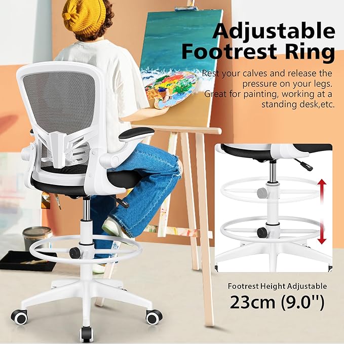 MINLOVE Ergonomic Drafting Office Chair, Tall Office Chair with Flip-up Armrests Executive Ergonomic Computer Standing Desk Chair with Lumbar Support and Adjustable Footrest(White) - LeafyLoom