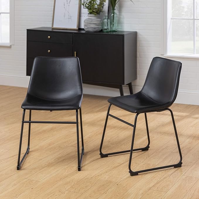 Walker Edison Douglas Urban Industrial Faux Leather Armless Dining Chairs, Set of 2, Black - LeafyLoom