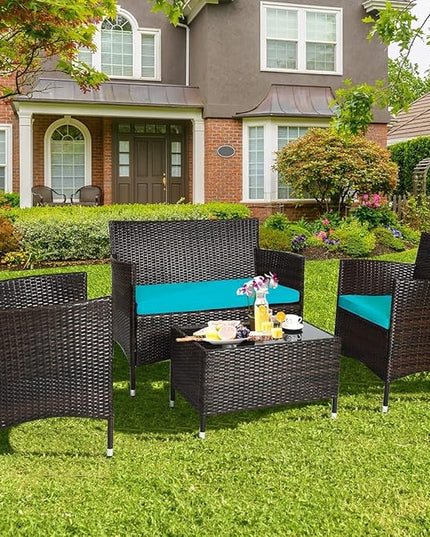 LUARANE 4-Piece Rattan Patio Furniture Set, Outdoor Wicker Sofa Couch Table Set, w/Thick Seat Cushions Tempered Glass Coffee Table, Conversation Set for Lawn Garden Poolside Backyard (Turquoise) - LeafyLoom