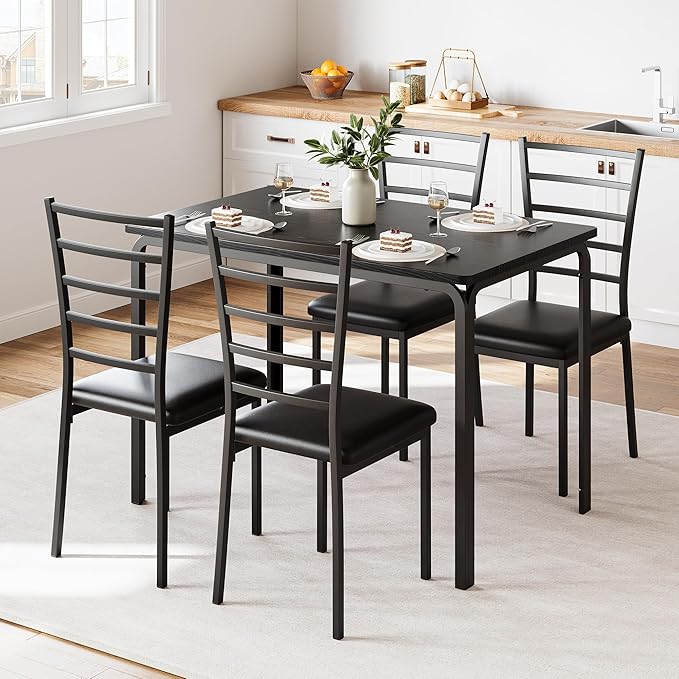 IDEALHOUSE Dining Table for 4, Small Table and Chairs Set of 4, Dinette Set for 4, Square Dinner Table Set, 3 Piece Kitchen & Dining Room Sets for Small Space (Black, Dining Table with 4 Chairs) - LeafyLoom