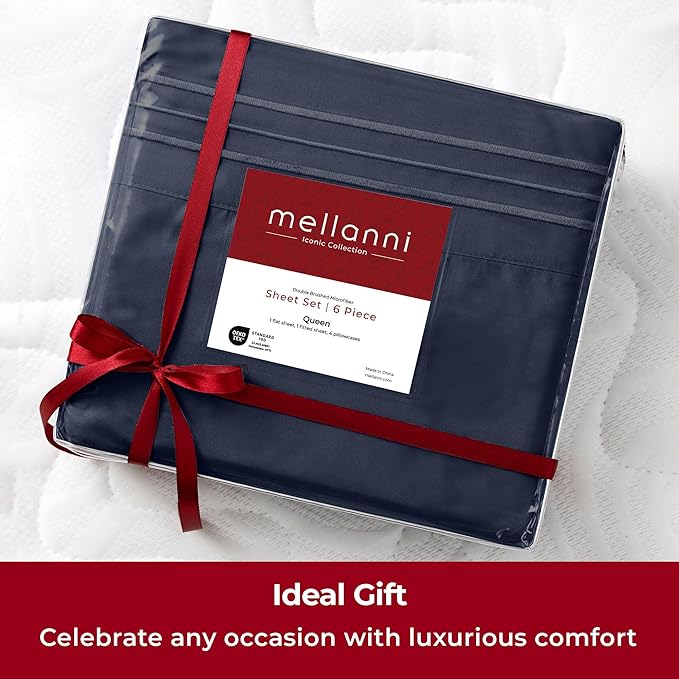 Mellanni Split King Sheets Set - 7 PC Iconic Collection Bedding Sheets & Pillowcases - Ultra Soft, Cooling Bed Sheets - Deep Pocket up to 16 inch - 7 PC (Split King, Navy Blue w/Extra Pillow Cases) - LeafyLoom