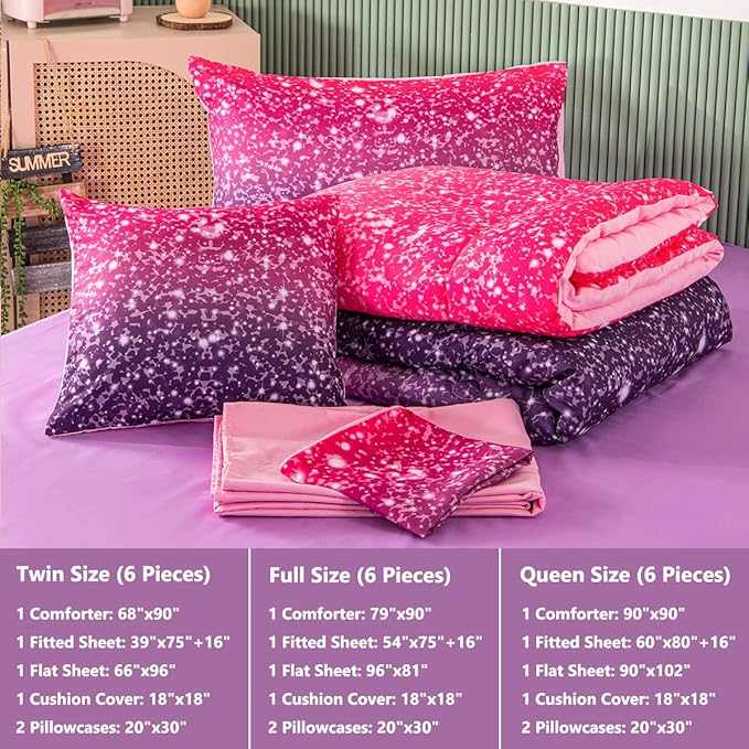 PERFEMET Purple Comforter Set Full Size - 6Pcs Colorful Rainbow Girls Bedding Set - Sparkly Pastel Ombre Bed in A Bag - (1 Comforter, 1 Flat Sheet, 1 Fitted Sheet, 2 Pillowcases, 1 Cushion Cover) - LeafyLoom