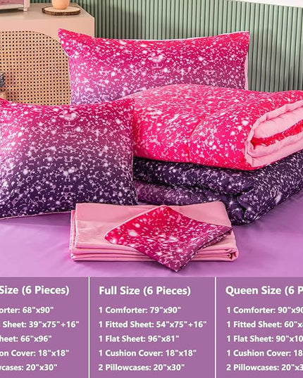 PERFEMET 6Pcs Queen Comforter Set with Sheets, Purple Glitter Tie Dye Girls Bedding Sets, Colorful Ombre Gradient Bed in A Bag, Soft Fluffy Teen Girl Bed Set for Bedroom Decor - LeafyLoom