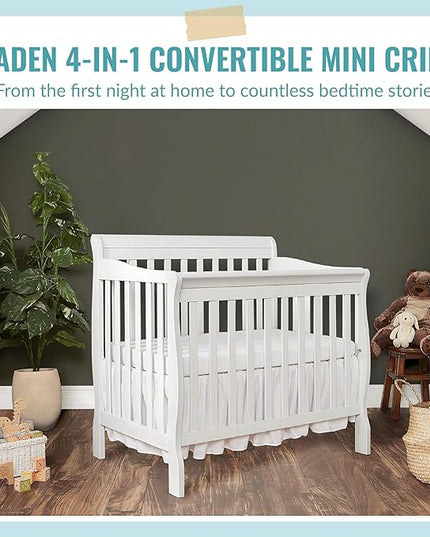 Aden 4-in-1 Convertible Mini Crib In White, Greenguard Gold Certified, Non-Toxic Finish, New Zealand Pinewood, With 3 Mattress Height Settings - LeafyLoom
