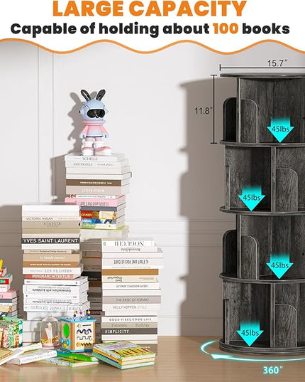 Rotating Bookshelf, Wood Corner Bookshelf, 360 Display Spinning Bookcase Storage Rack, 4 Tier Floor Standing Revolving Bookcase Narrow Book Shelf Organizer for Small Space, Bedroom, Grey Oak - LeafyLoom