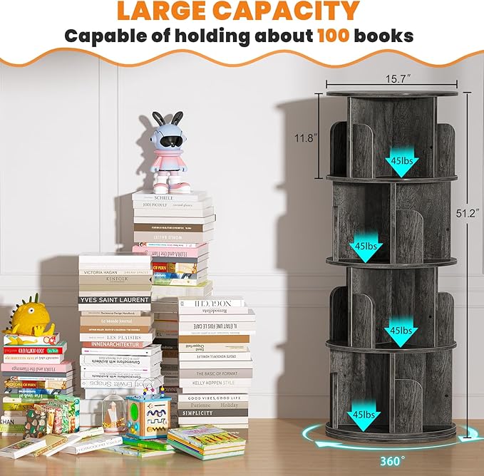 Rotating Bookshelf, Wood Corner Bookshelf, 360 Display Spinning Bookcase Storage Rack, 4 Tier Floor Standing Revolving Bookcase Narrow Book Shelf Organizer for Small Space, Bedroom, Grey Oak - LeafyLoom