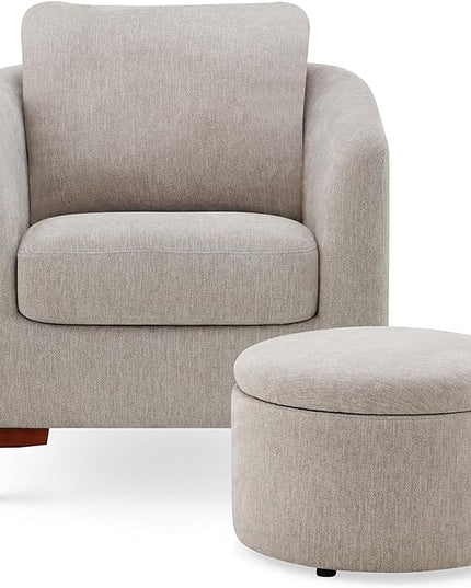 COLAMY Cozy Accent Chair & Ottoman Set, Modern Upholstered Fabric Living Room Chair Armchair with Back Pillow and Wooden Legs for Bedroom, Reading Room, Light Grey - LeafyLoom