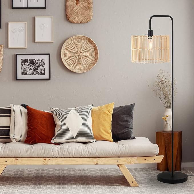 Globe Electric Barden 58" Floor Lamp, Matte Black, Bamboo Shade, On/Off Rotary Switch on Socket - LeafyLoom