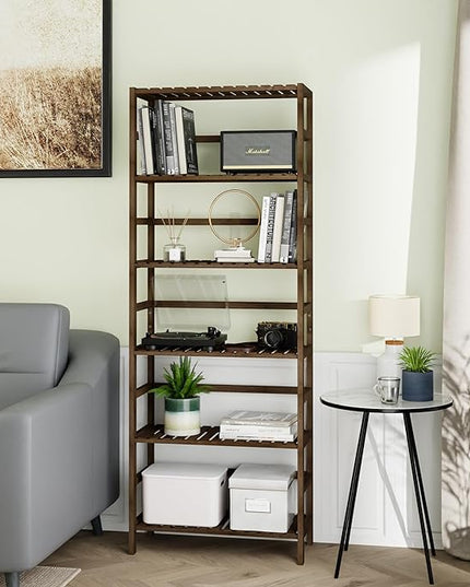 Bookcase, Bamboo Bookshelf, 6-Tier Adjustable Tall Open Book Shelf, Free Standing Storage Shelves Organizer, Flower Plant Display Stand, Walnut - LeafyLoom