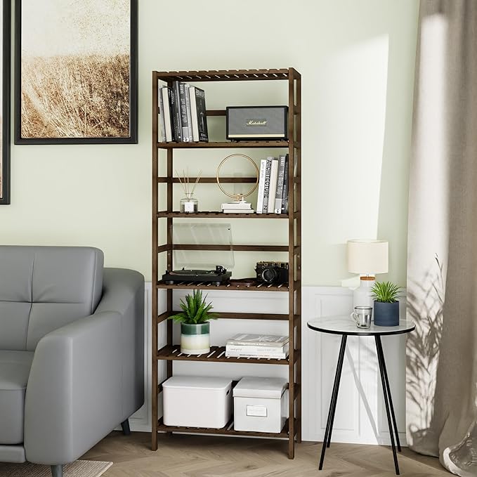 Bookcase, Bamboo Bookshelf, 6-Tier Adjustable Tall Open Book Shelf, Free Standing Storage Shelves Organizer, Flower Plant Display Stand, Walnut - LeafyLoom